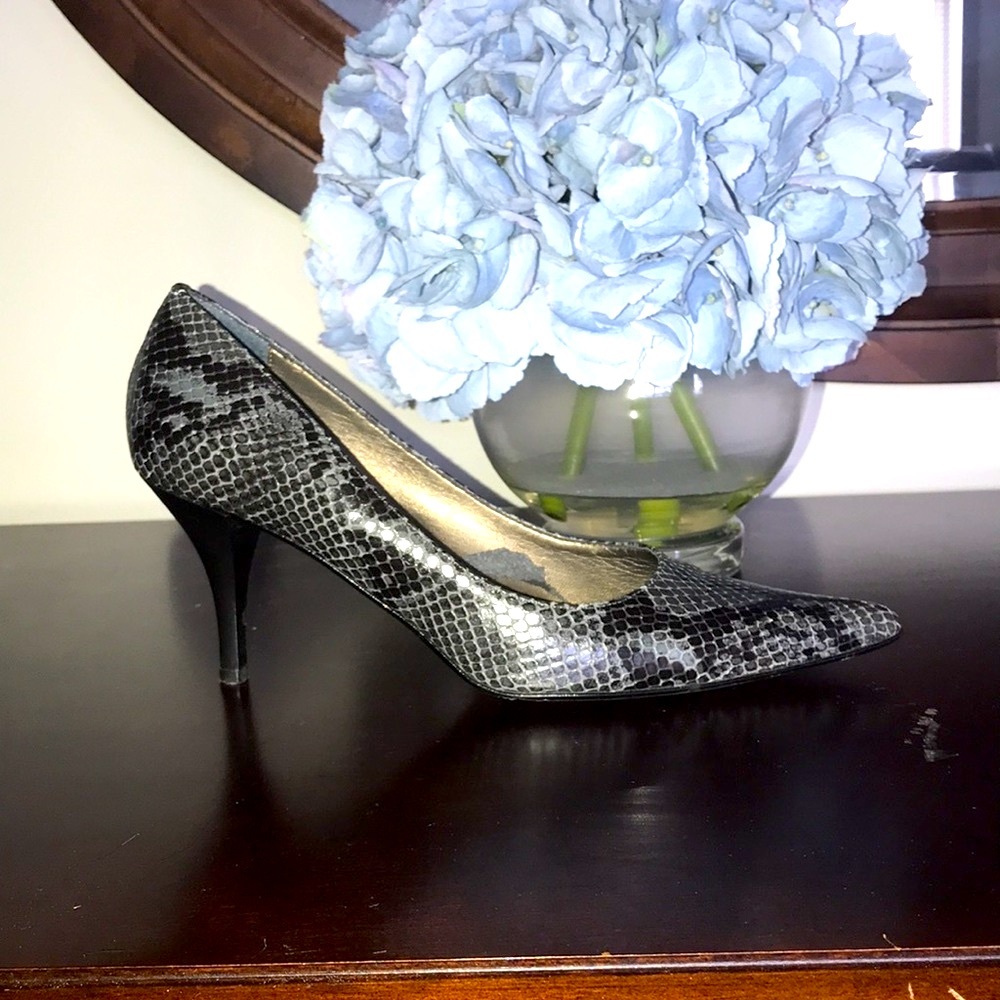 Grey and black snakeskin heels
